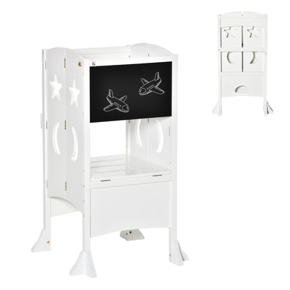 Foldable Toddler Kitchen Stool with Blackboard & Safety Handrail in White for Ages 3-6