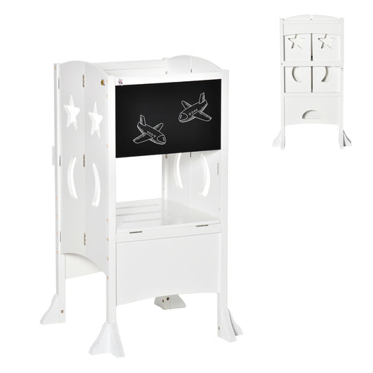 Foldable Toddler Kitchen Stool with Blackboard & Safety Handrail in White for Ages 3-6