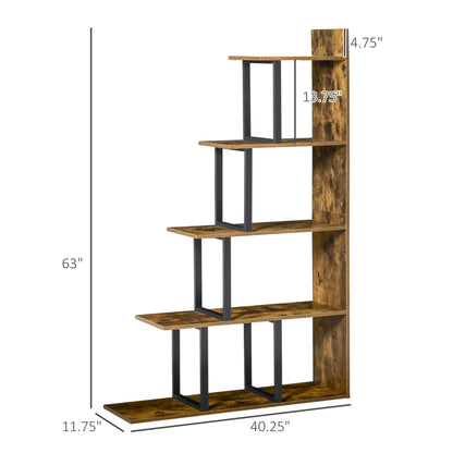 Rustic Ladder Chic: 5-Tier Industrial Wooden Bookshelf Display Stand Organizer, Rustic Brown for Living Room