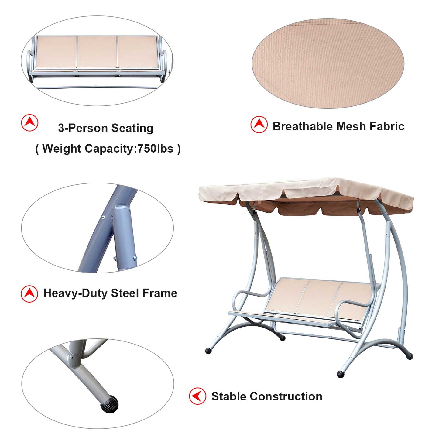 3 Person Patio Swing Seats with Adjustable Canopy Outdoor Swing Chair Bench for Garden, Poolside, Beige Kids Crystal