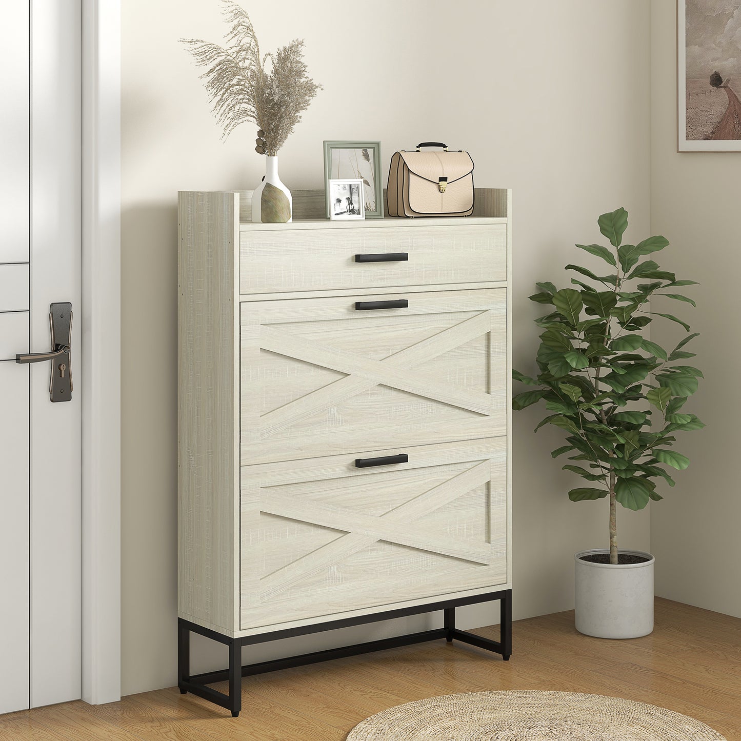 Narrow Shoe Cabinet Organizer with 2 Flip Drawers Adjustable Shelves for 12 Pairs Distressed White Kids Crystal