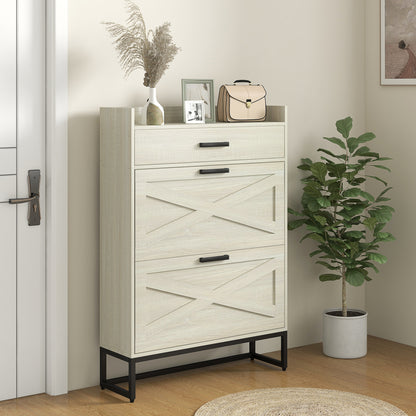 Narrow Shoe Cabinet Organizer with 2 Flip Drawers Adjustable Shelves for 12 Pairs Distressed White