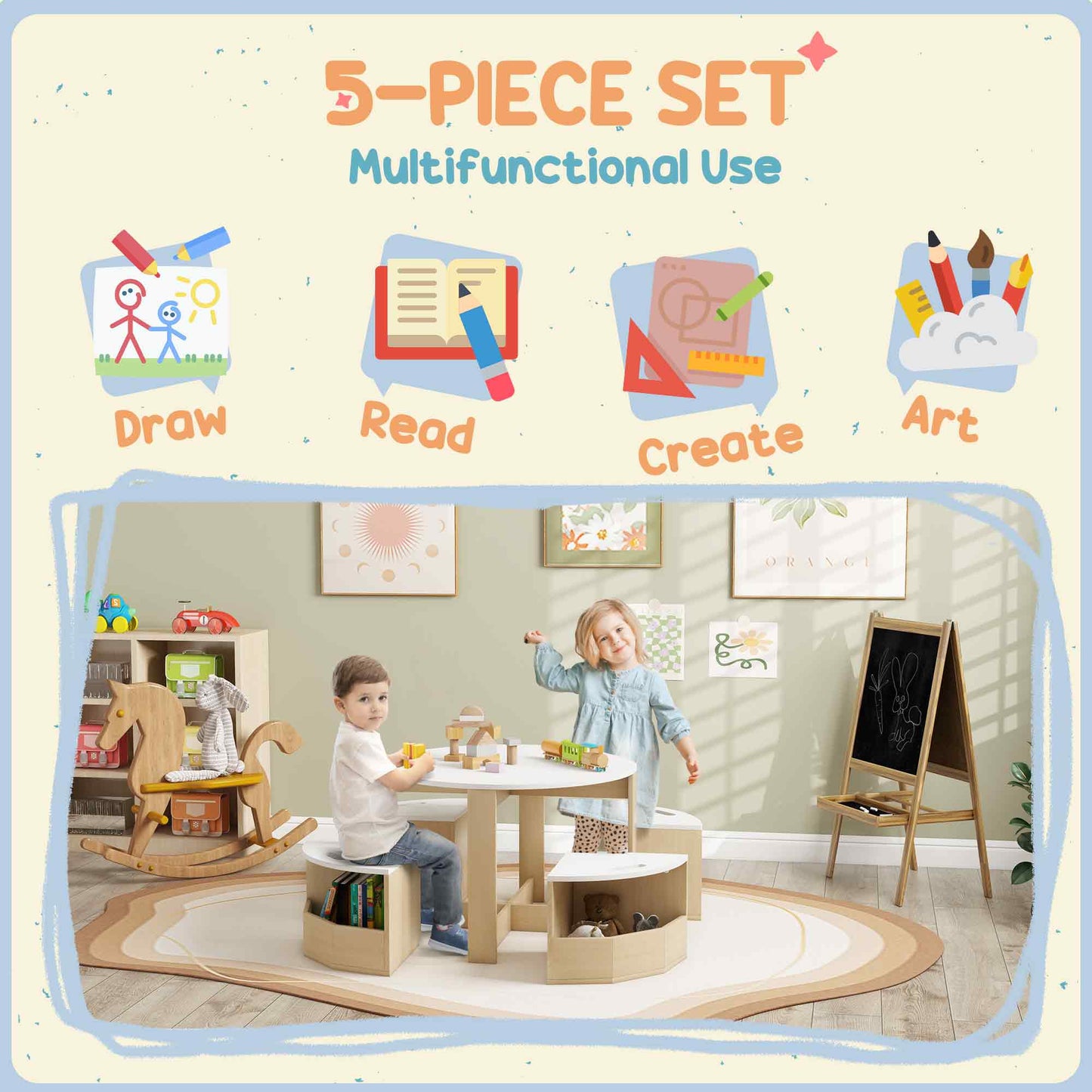 5 Piece Kids Table and Chair Set with Storage for Kids Room, White