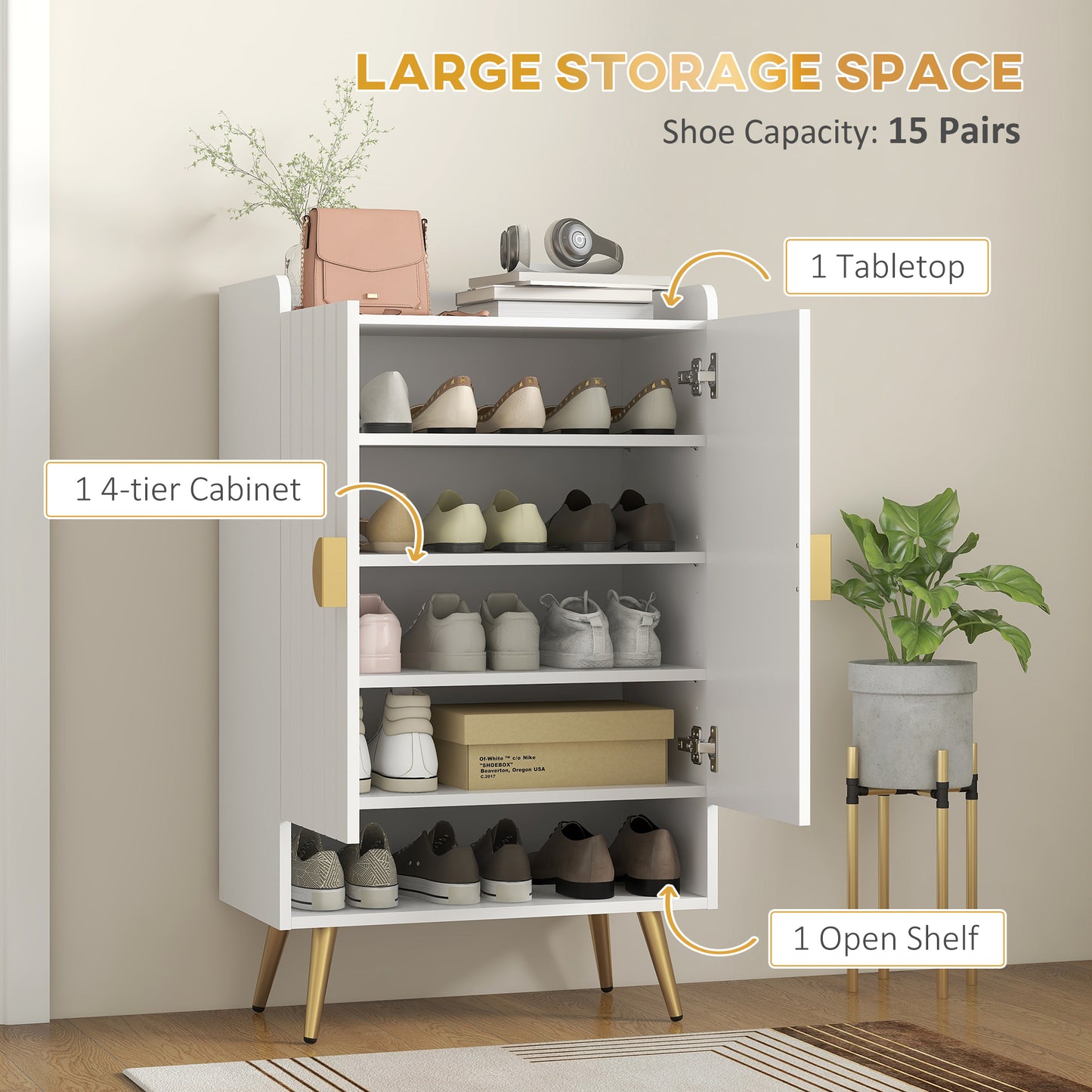 Entryway Narrow Shoe Storage Cabinet with Adjustable Shelves Open Shelf for 15 Pairs White Kids Crystal