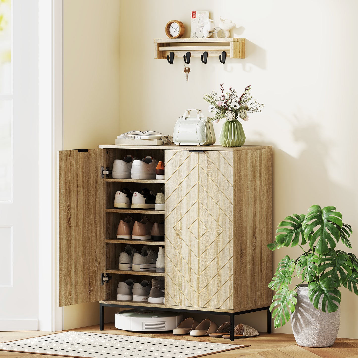 Shoe Storage Cabinet for 15 Pairs, Freestanding Shoe Cabinet with Doors and Adjustable Shelves for Hallway, Oak Kids Crystal