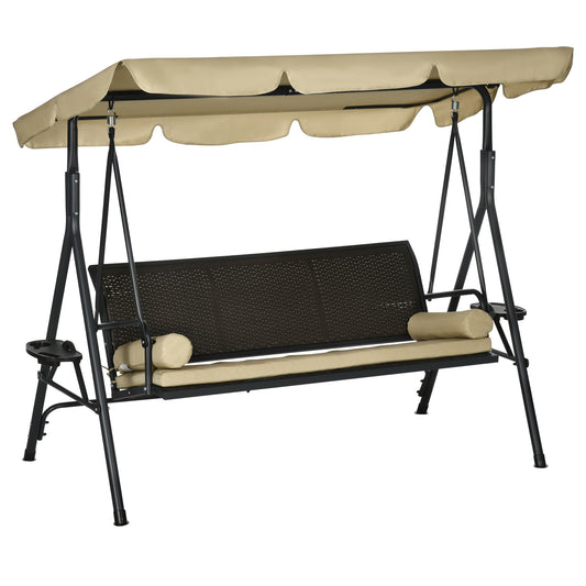 Outdoor 3-Seat Porch Swing with Canopy: Rattan Seat, Removable Cushion, Pillows, Steel Frame for Patio Comfort Kids Crystal