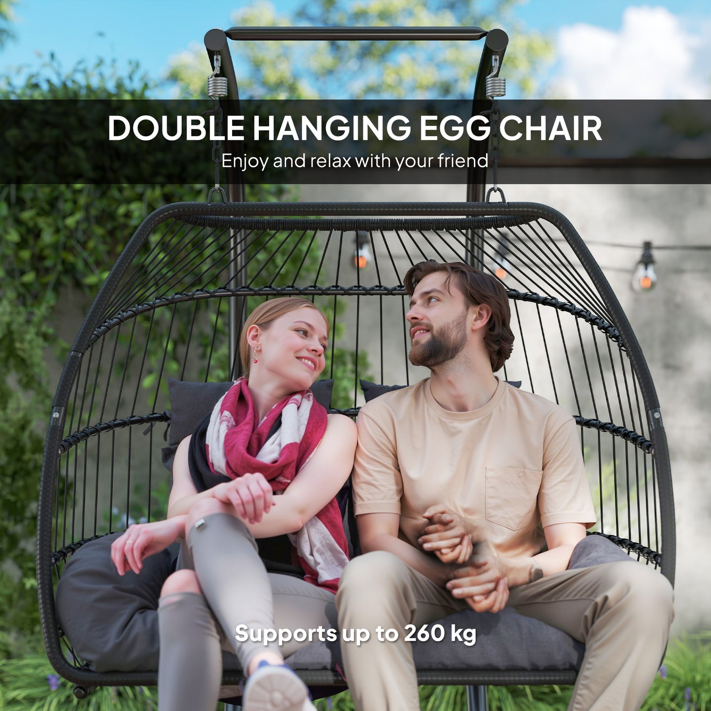 Double Wicker Egg Swing Chair with Stand, Foldable Hanging Egg Chair with UV Resistant Cushion, Headrest, Dark Grey