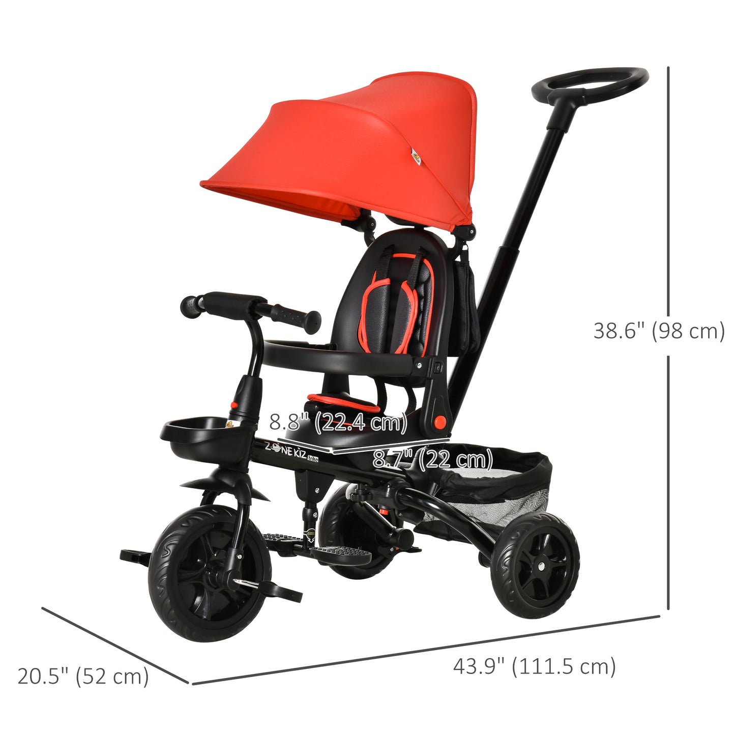 4-in-1 Baby Tricycle Stroller, Reversible Seat, Adjustable, Canopy, Safety Belt, Red - Versatile Outdoor Ride Kids Crystal