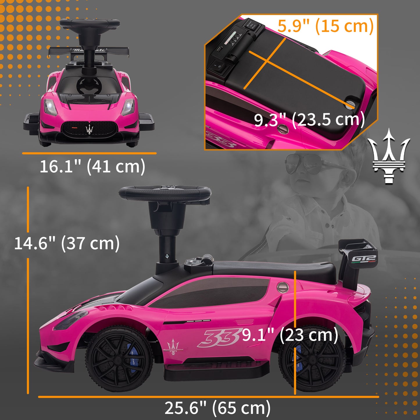 6V Maserati GT2 Licensed Electric Car for Kids, Ride on Car with Under Seat Storage, LED Headlights Music, Pink Kids Crystal