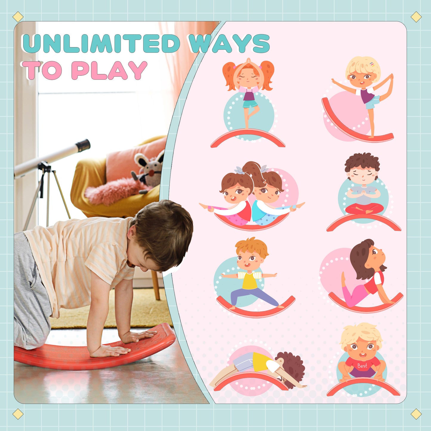 Balancing Act: 32.3" Curvy Rocker Board for Kids, Ended Preschool Learning Montessori Waldorf Toy, Red Hue Kids Crystal