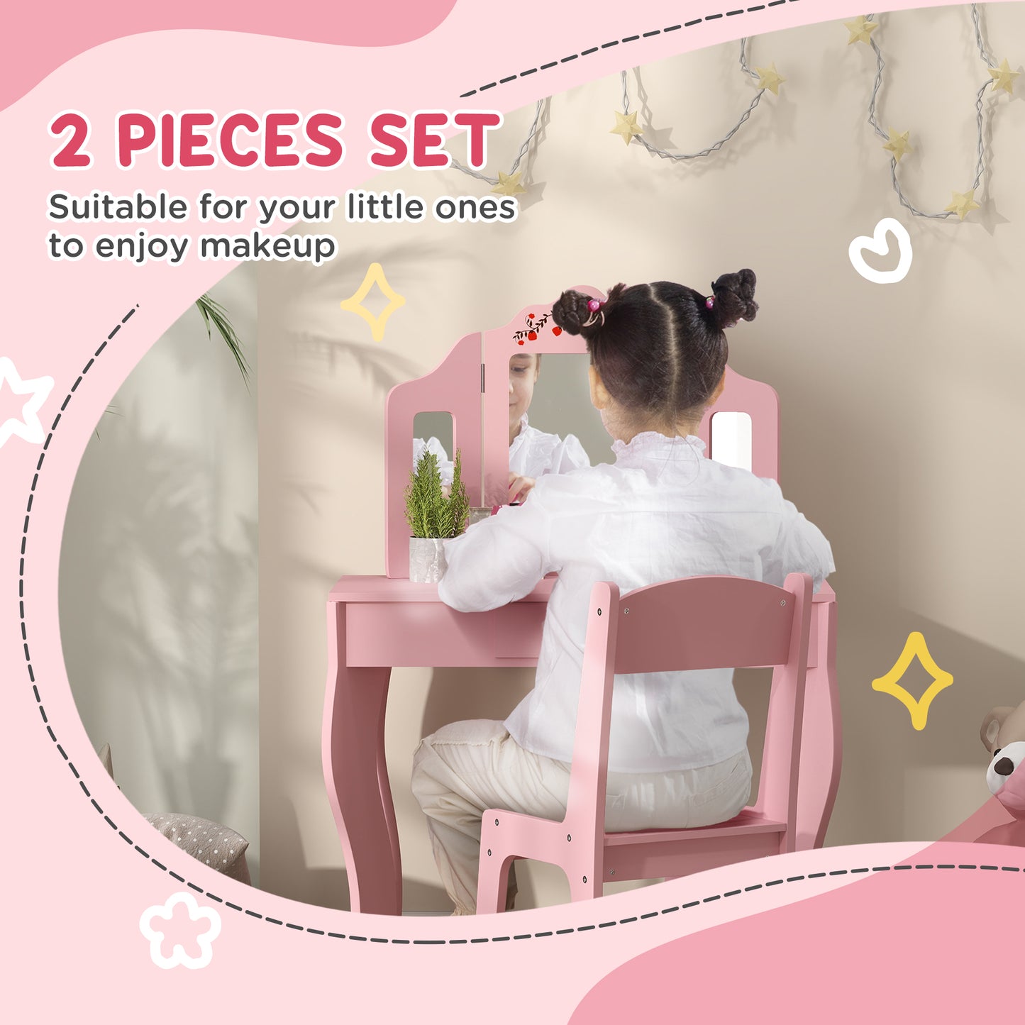 Kids Vanity Set, Dual-Use Dressing Table with Removable Tri-Folding Mirror and Drawer, for Ages 3-8, Pink Kids Crystal