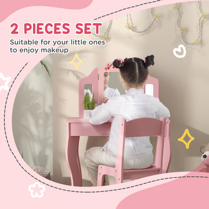 Kids Vanity Set, Dual-Use Dressing Table with Removable Tri-Folding Mirror and Drawer, for Ages 3-8, Pink