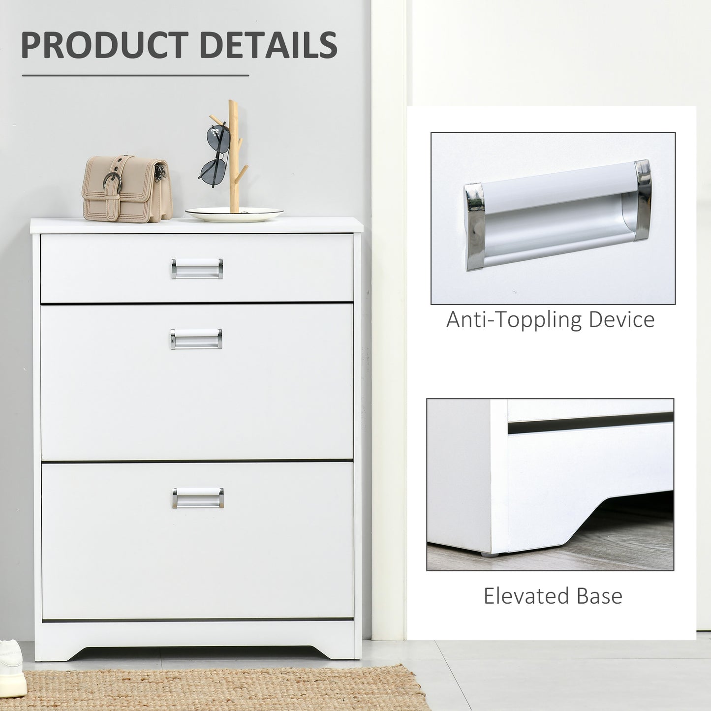 Compact Shoe Sanctuary: Storage Cabinet with Drawer, 2 Flip Doors, Adjustable Shelves for 16 Pairs, White Kids Crystal