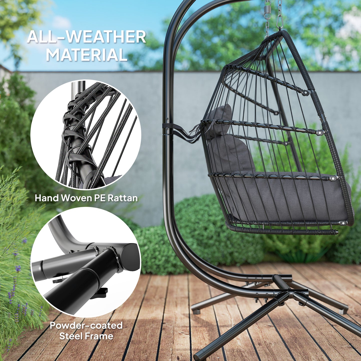 Double Wicker Egg Swing Chair with Stand, Foldable Hanging Egg Chair with UV Resistant Cushion, Headrest, Dark Grey