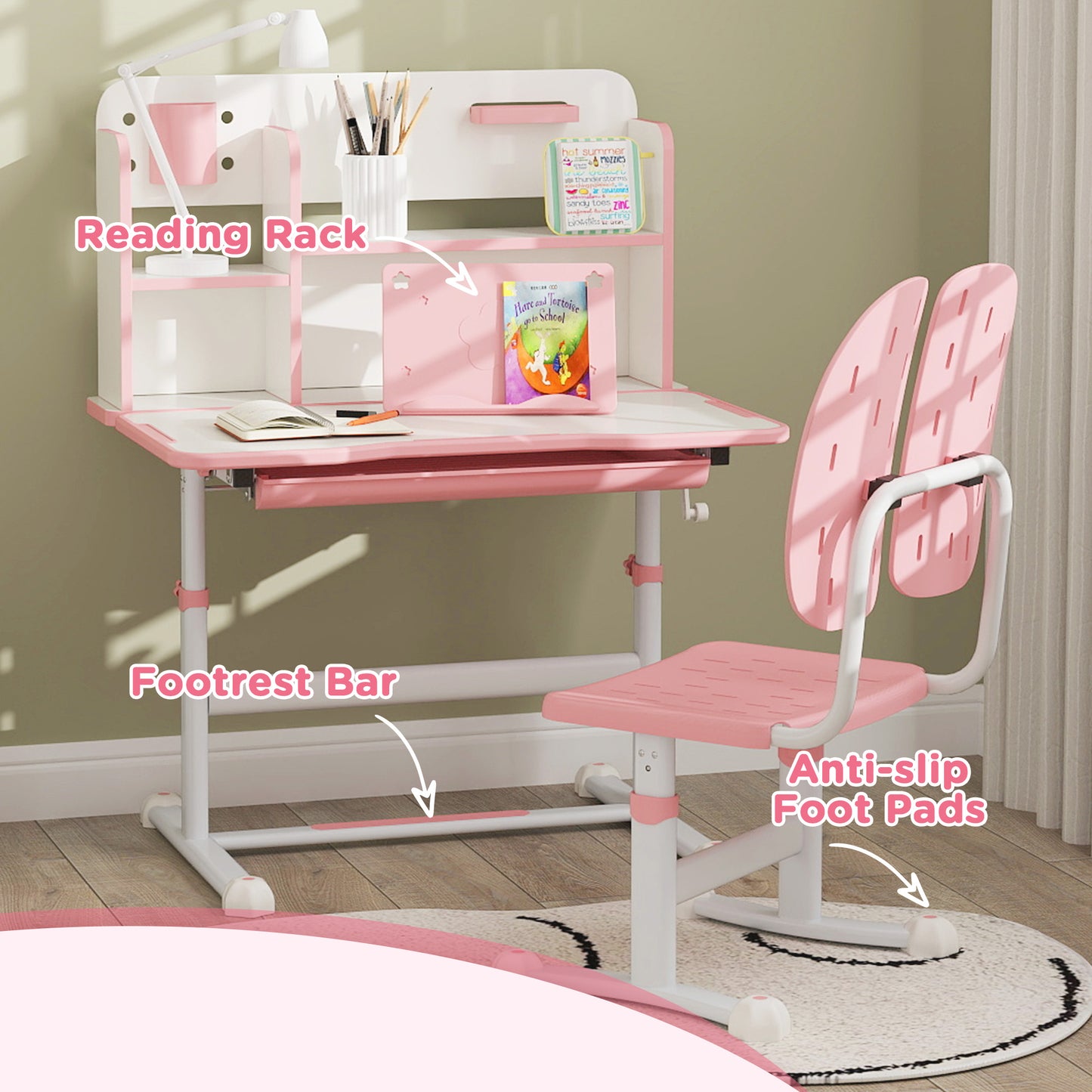 Adjustable Height Kids Desk and Chair Set, Kids Study Table and Chair with Tilt Desktop, Drawer, Reading Rack, Pink Kids Crystal