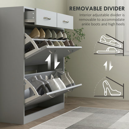 Narrow Shoe Storage with 2 Flip Drawers and Adjustable Shelves Shoe Organizer Cabinet for 12 Pairs of Shoes, Grey