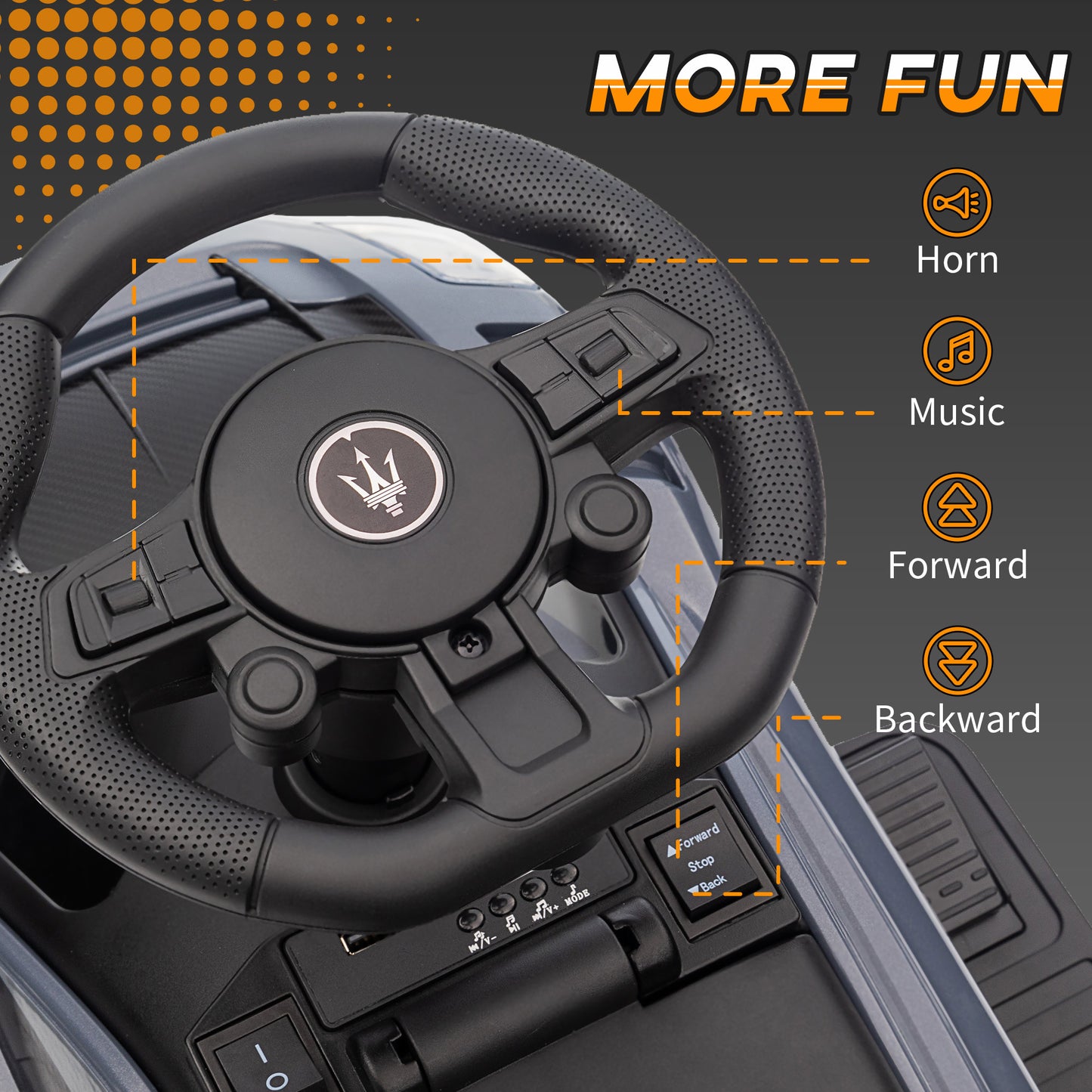 6V Maserati GT2 Licensed Electric Car for Kids, Ride on Car with Under Seat Storage, LED Headlights Music, Grey Kids Crystal