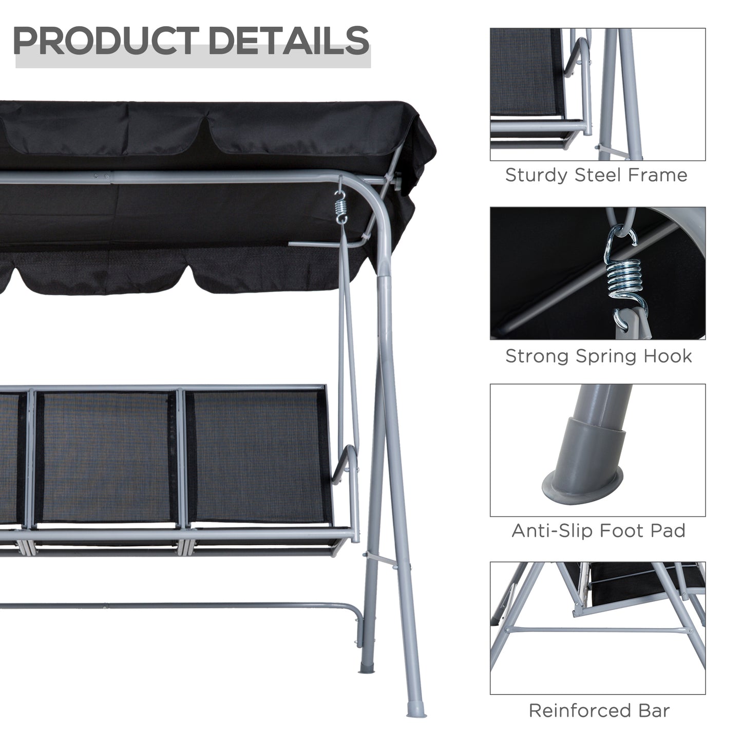 A Frame 3 Seater Swing Chair Outdoor Garden Hammock Porch Glider Bed with Canopy Cover Black Kids Crystal