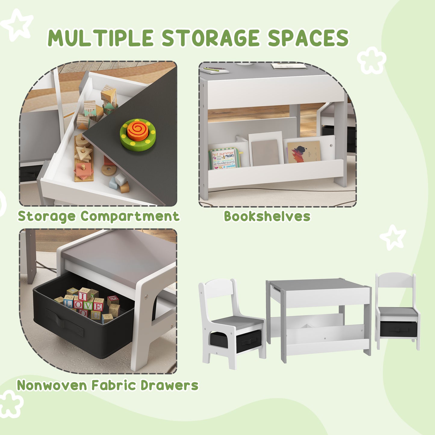 3-Piece Kids Playroom Set with Reversible Tabletop, Blackboard, Storage & Bookshelf in Grey