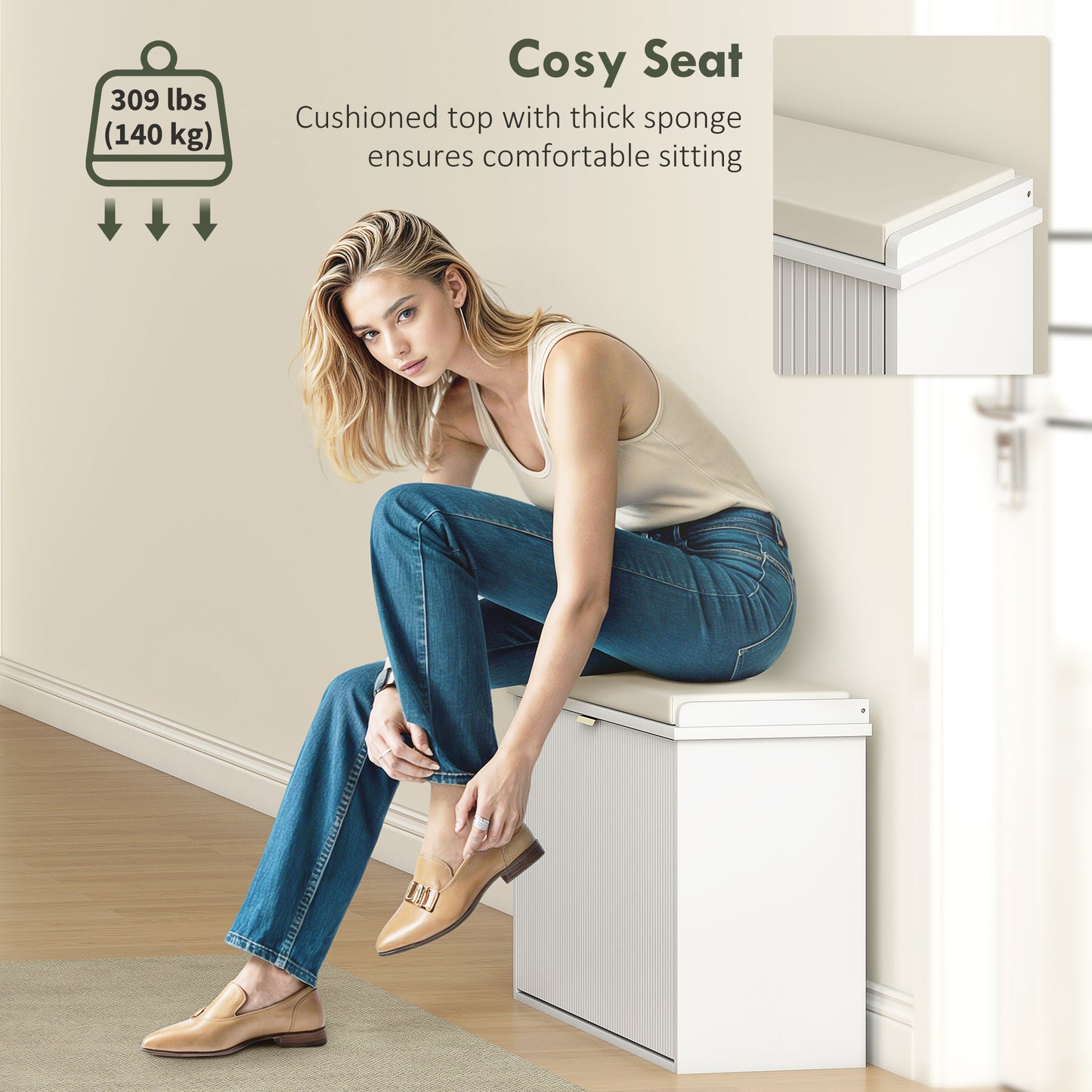 Entryway Bench with Padded Seat and Flip-Drawers, Holds up to 265lbs, Shoe Storage Bench for 8 Pairs of Shoes, White Kids Crystal