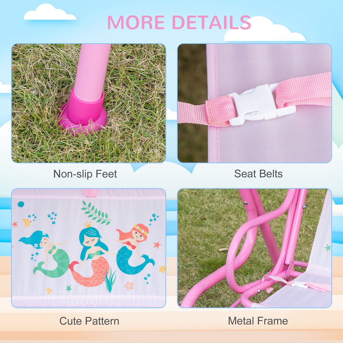2-Seat Kid Swing with Canopy Mermaid Pattern Pink Outdoor Patio Chair Adjustable Awning