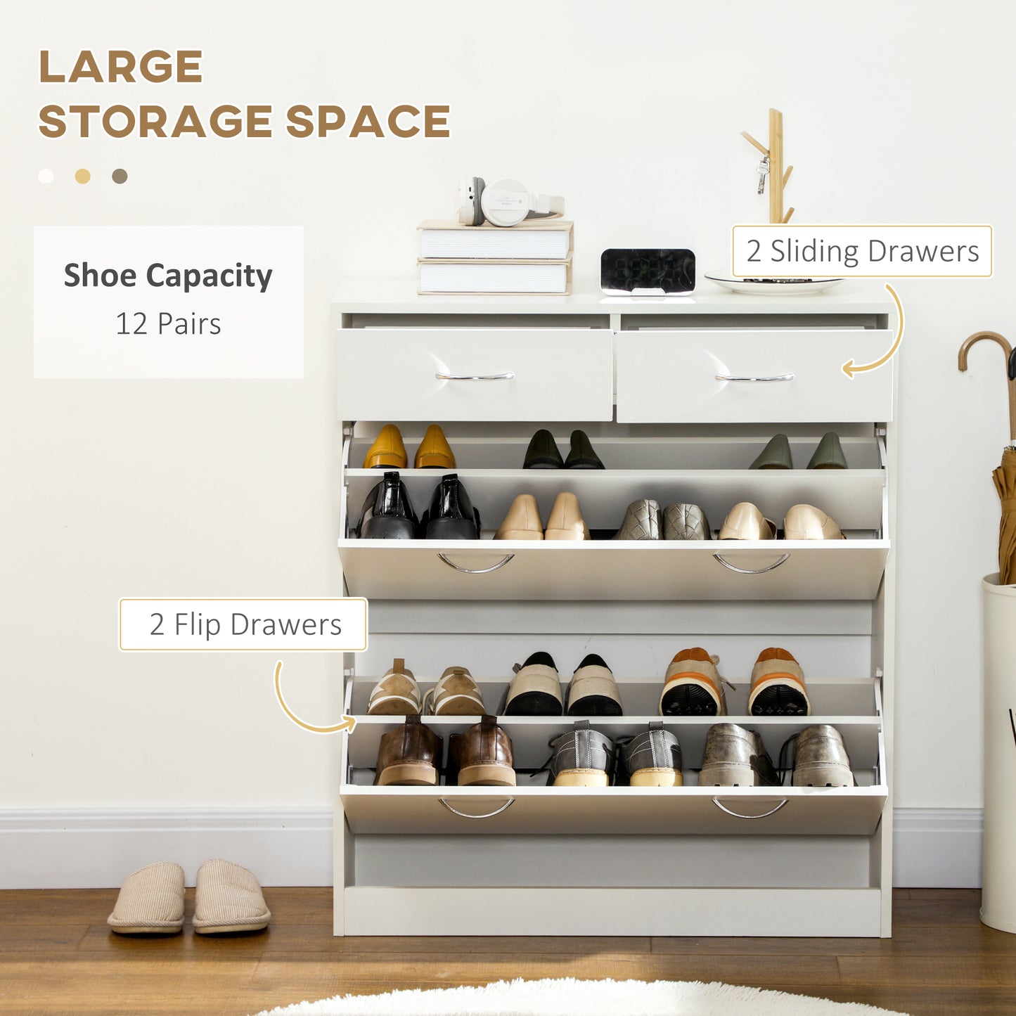 Narrow Shoe Storage Cabinet 2 Flip Drawers Adjustable Shelves Organizer for 12 Pairs White Kids Crystal