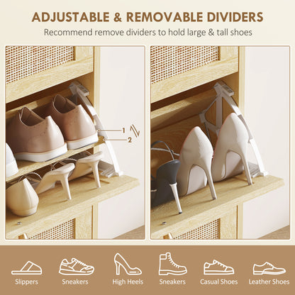 Rattan Shoe Storage Cabinet with 3 Flip Drawers and Adjustable Shelves, Entryway Shoe Cabinet for 18 Pairs, Oak