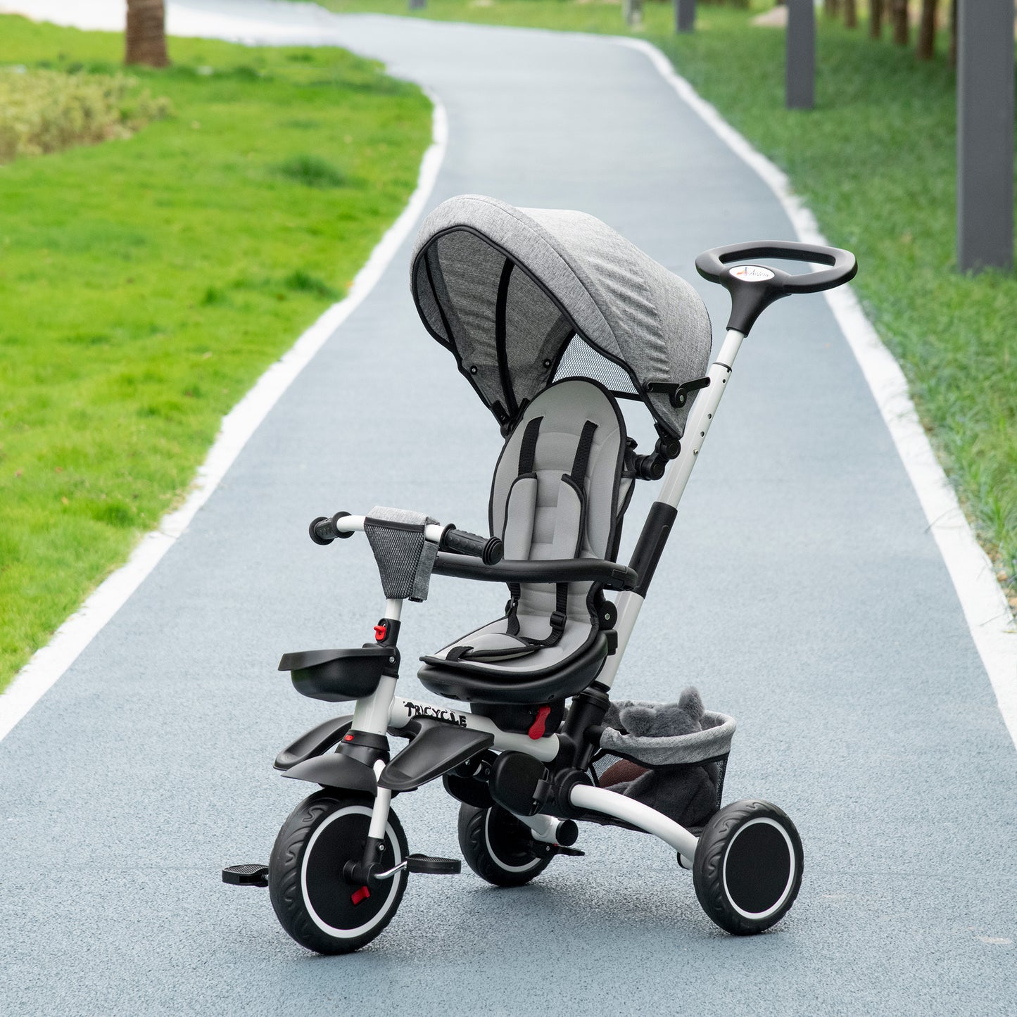 7-in-1 Toddler Tricycle, Kids Trike with Rotatable Seat, Adjustable Push Handle, Safety Harness, Detachable Canopy, Footrest Kids Crystal