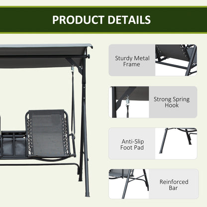 2-Person Patio Swing Chair Covered Porch Swing with Pivot Storage Table, Cup Holder, & Adjustable Overhead Canopy, Grey