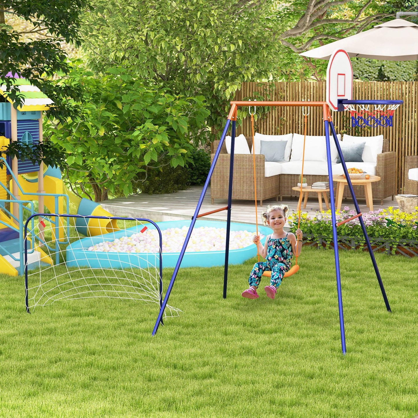 Outdoor Kids Swing Set with Seat, Basketball Hoop, Football Goal, Secure Ground Stakes for Ages 3-8 Kids Crystal