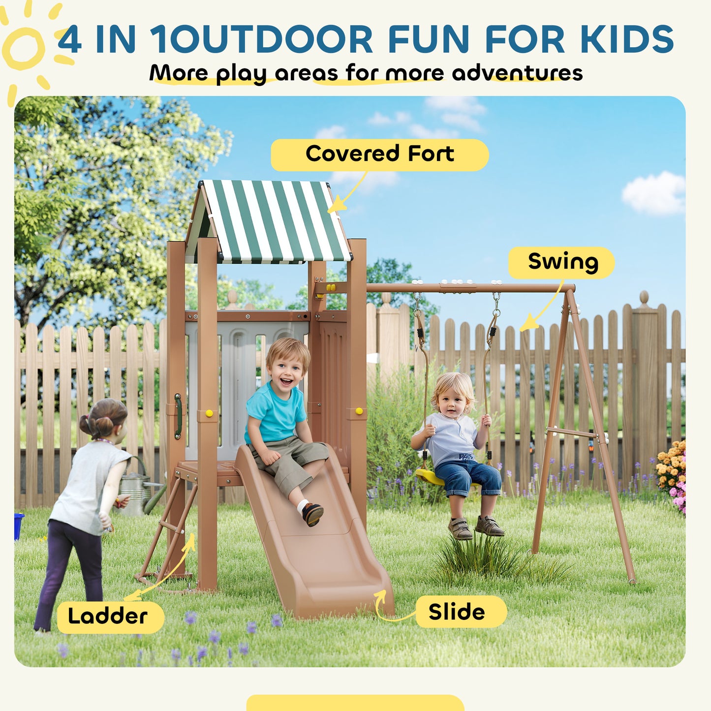 4-in-1 Kids Swing Set for Playground with Slide, Covered Fort, Climbing Ladder, Ground Stakes, for Kids Ages 3-8, Brown Kids Crystal