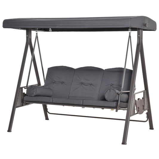 Outdoor Patio 3-Person Steel Canopy Cushioned Seat Bench Swing with Included Side Trays & Padded Comfort, Dark Grey