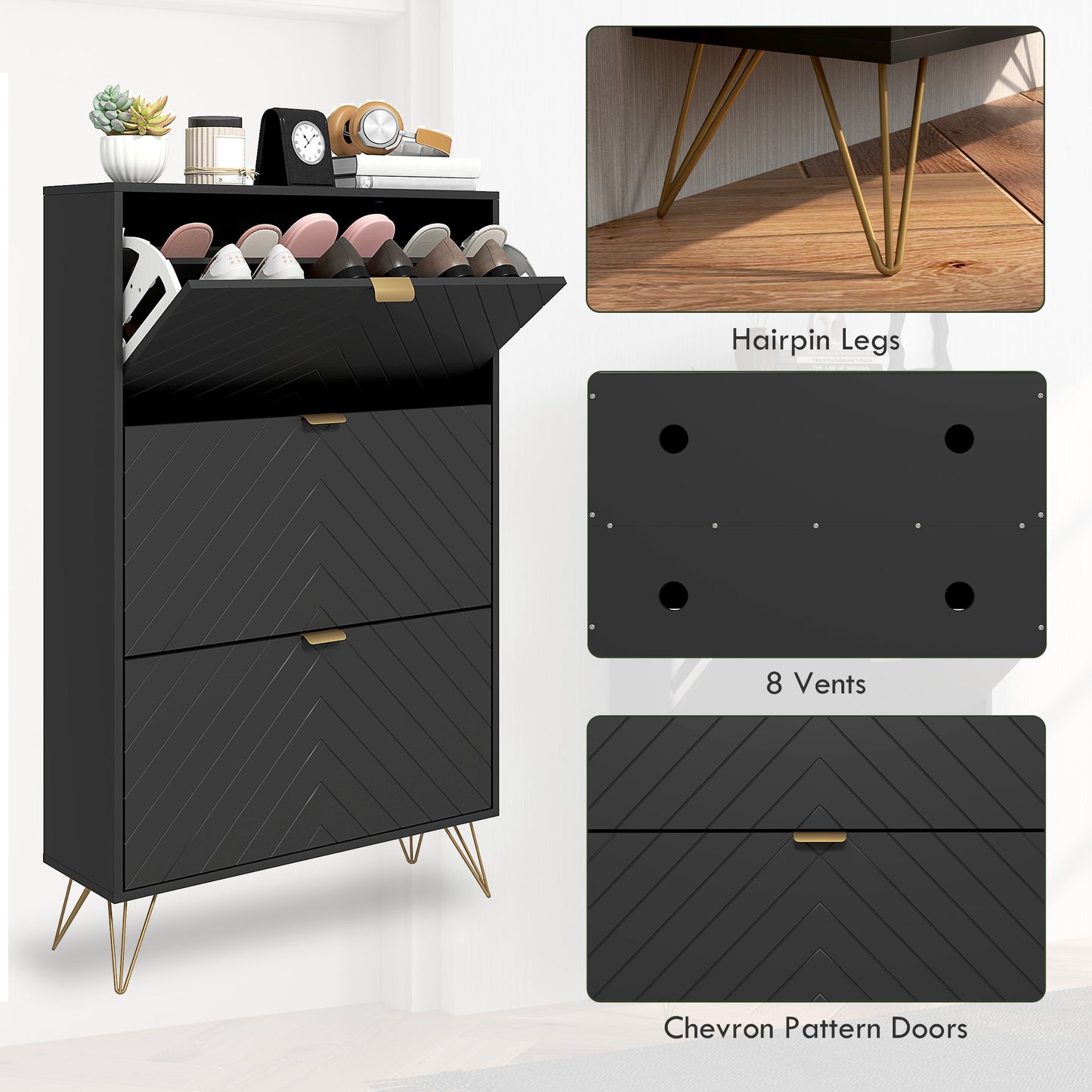 Modern Shoe Storage Cabinet with 3 Flip Drawers for 18 Pairs, Narrow Shoe Organizer for Entryway, Hallway, Black Kids Crystal