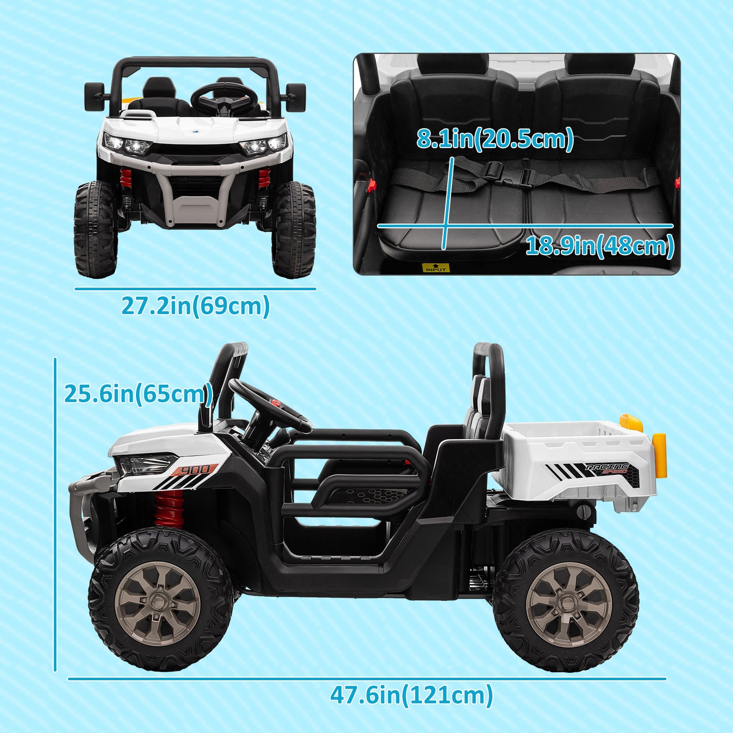 12V Ride-On Car 2-Seater Electric Bucket Shovel Remote Control Spring Suspension Horn Music White Kids Crystal