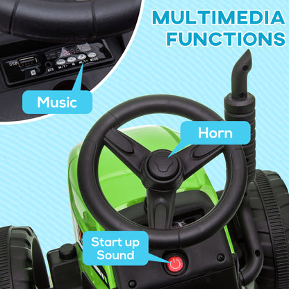 12V Electric Tractor for Kids - Ride-On with Trailer, Battery Powered, Remote Control, Music, Start-Up Sound & Horn, Green