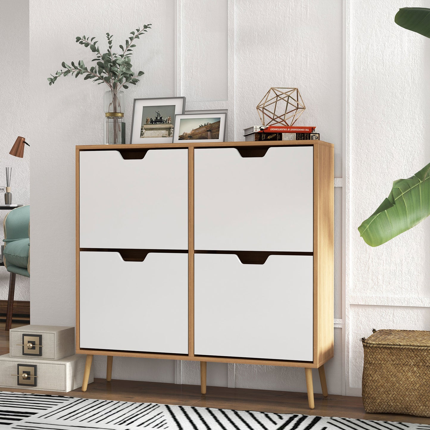 Shoe Sanctuary: Modern 4 Flip Drawer Cabinet with Adjustable Shelf, Organizer for 16 Pairs of Shoes, Entryway Storage Kids Crystal