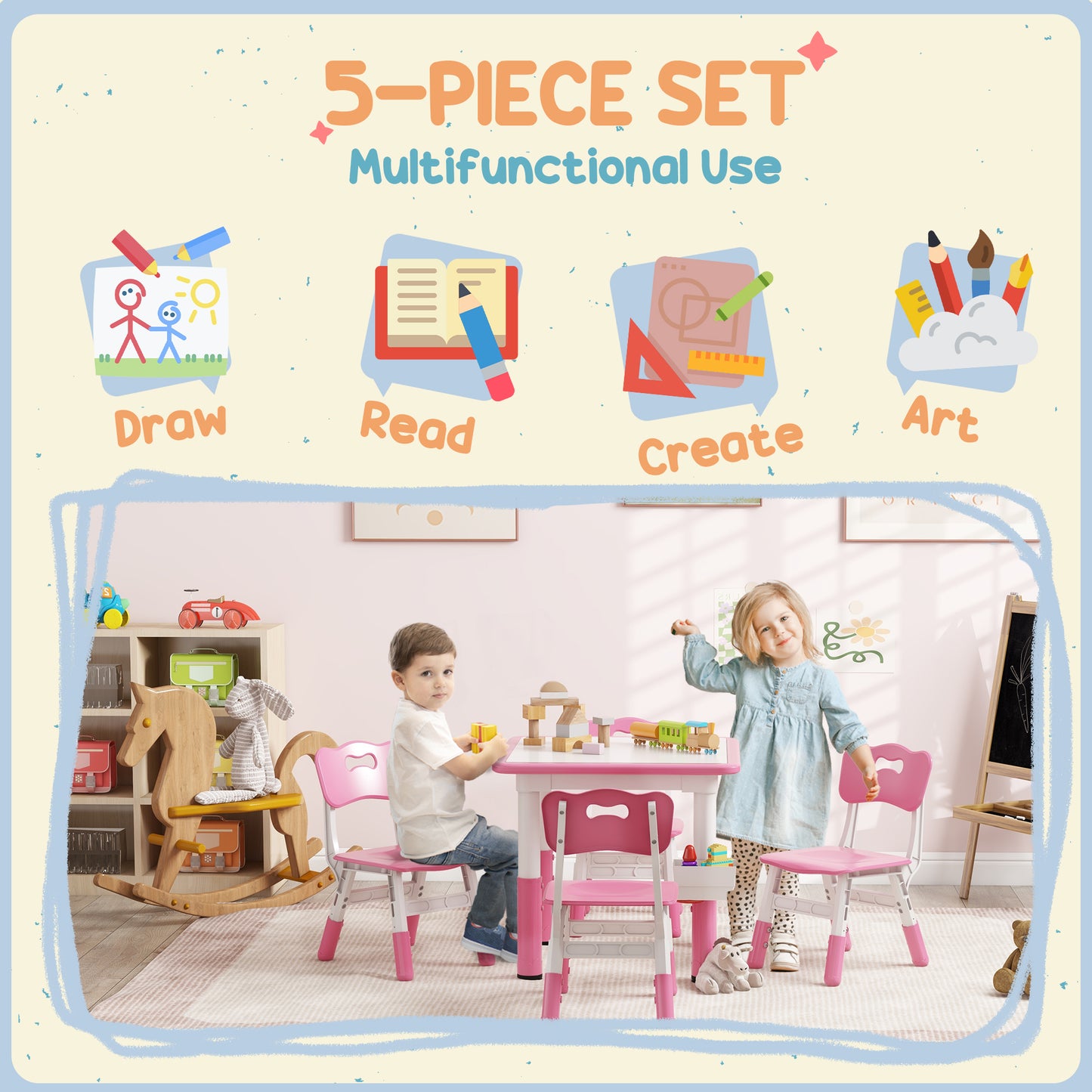 5 Piece Toddler Table Chair Set Height Adjustable Activity Set Nursery Classroom Playroom Furniture Pink