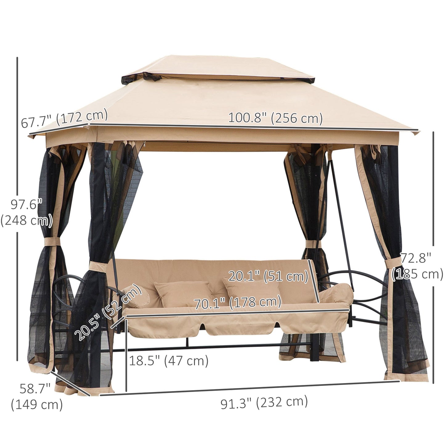3 Person Outdoor Patio Daybed 3 in 1 Canopy Gazebo Swing Chair Garden Hammock with Mesh Mosquito Net and Sun Shade, Beige Kids Crystal