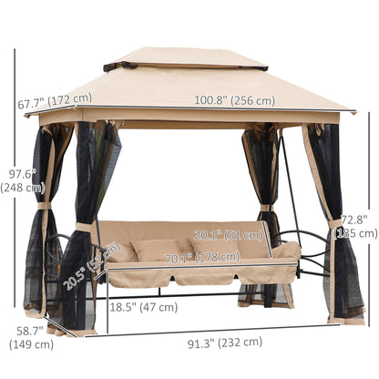 3 Person Outdoor Patio Daybed 3 in 1 Canopy Gazebo Swing Chair Garden Hammock with Mesh Mosquito Net and Sun Shade, Beige