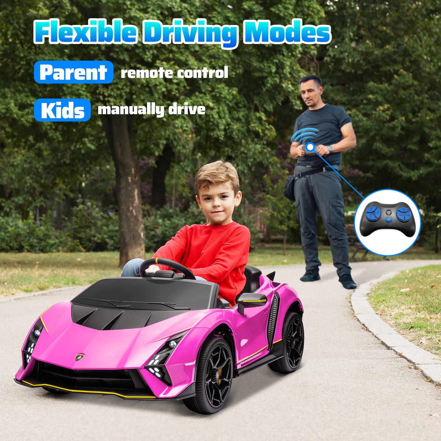 12V Lamborghini Autentica Licensed Kids Car with Remote Control, 4 Wheels Spring Suspension, Soft Start, Pink Kids Crystal