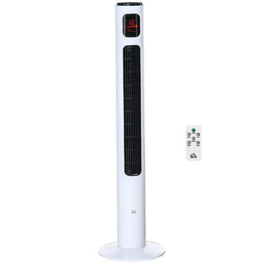 Oscillating Tower Fan Standup Cooling 3 Speed 12h Timer LED Remote White for Efficient Air Circulation