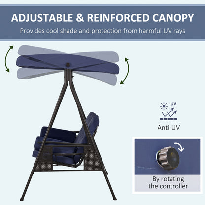 Outdoor Patio 3-Person Steel Canopy Cushioned Seat Bench Swing with Included Side Trays & Padded Comfort, Dark Blue