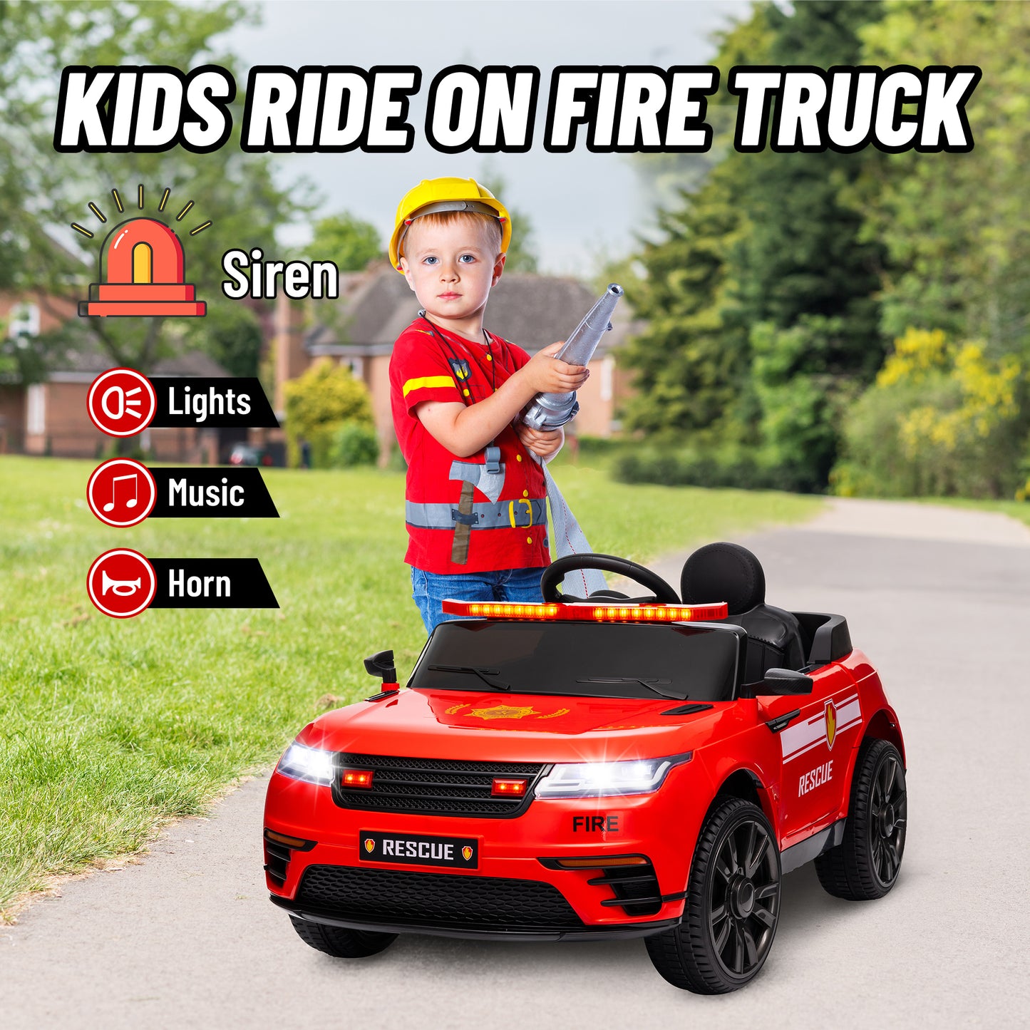 12V Kids Electric Fire Truck w/ Remote Control, Spring Suspension, Training Wheel, Siren, Music, Light, Horn, Red Kids Crystal