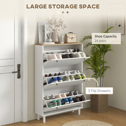 Narrow Shoe Storage Cabinet 3 Flip Drawers Adjustable Shelves Organizer for 24 Pairs White