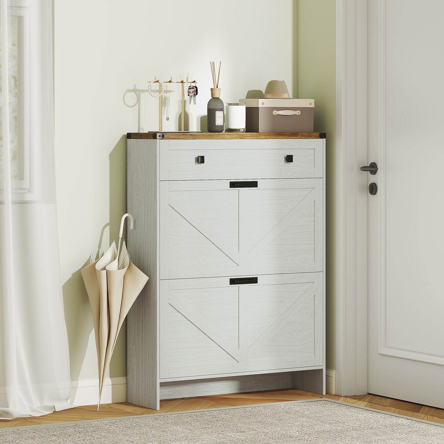 Narrow Shoe Storage Cabinet, Farmhouse Shoe Cabinet with 2 Flip Drawers, 1 Drawer, 12 Pairs for Entryway, White Kids Crystal