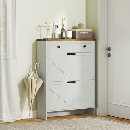 Narrow Shoe Storage Cabinet, Farmhouse Shoe Cabinet with 2 Flip Drawers, 1 Drawer, 12 Pairs for Entryway, White