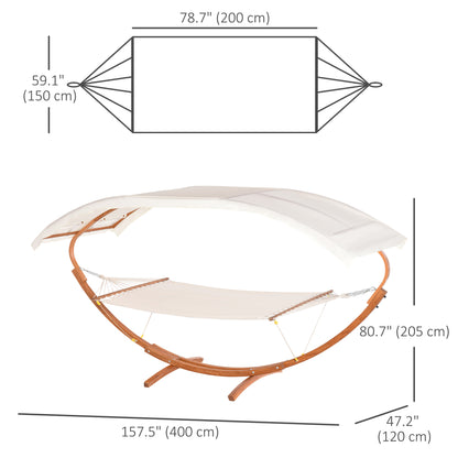 2 Person Wood Swing Arc Hammock Bed and Stand Set with Canopy, White/Teak