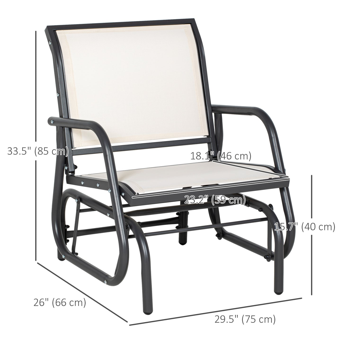 Patio Glider with Breathable Mesh Fabric Seat & Backrest, Metal Frame Outdoor Glider Swing Chair with Armrests, Cream Kids Crystal