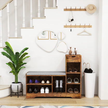 Upholstered Shoe Storage Bench w/ Seat, Entrance Bench w/ Drawer and 6 Open Shelves for Hallway, Rustic Brown
