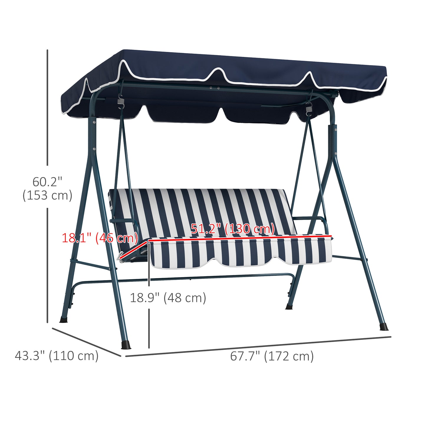 3-Seater Outdoor Porch Swing with Adjustable Canopy, Patio Swing Chair for Garden, Poolside, Backyard, Blue and White Kids Crystal